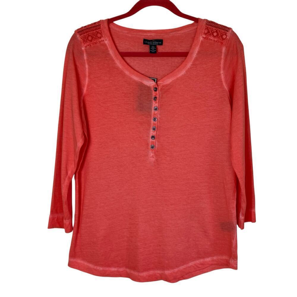 Lauren Ralph Lauren 3/4 Henley Top Lightweight Crochet Shoulder Coral Sz M NWT